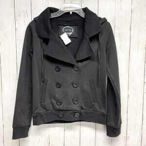 Love Tree Jacket Women Size Small Black Double Breasted Hooded Button Pea Coat